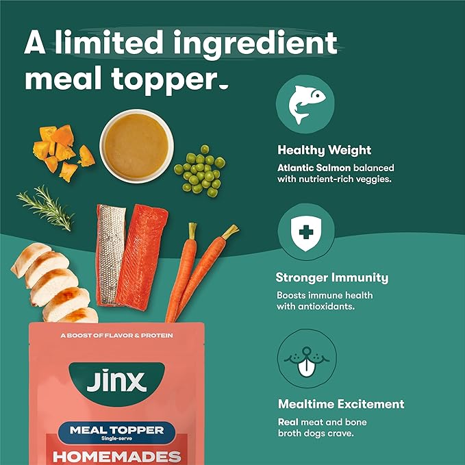 Jinx Salmon Grain Free Wet Dog Food Toppers, Meal or Mix with Dry Dog Food, Made with Real Salmon & Chicken, Bone Broth, No Fillers, Puppy, Adult, Senior, 3oz, 8 Pack