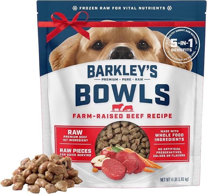 Barkley’s Bowls, Frozen Raw Beef Dog Food, Fresh Whole Food Ingredients with Farm-Raised Beef, Grain Free, High Protein for Balanced Nutrition, Frozen Meals Made with Human Grade Ingredients, 4 lb Bag
