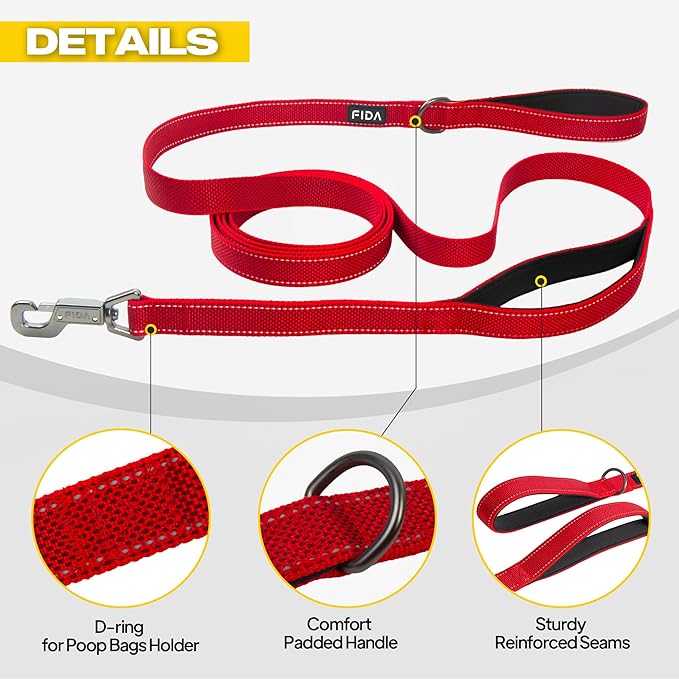Fida 10ft Heavy Duty Dog Leash with 2 Comfortable Padded Handles, Traffic Handle & Advanced Easy Snap Hook, Reflective Walking Lead for Large, Medium & Small Breed Dogs, Red