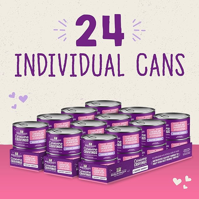 Stella & Chewy's Carnivore Cravings Savory Shreds Cans – Grain Free, Protein Rich Wet Cat Food – Cage-Free Chicken & Wild-Caught Salmon Recipe – (5.2 Ounce Cans, Case of 24)