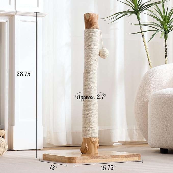 29" Tall Cat Scratching Post for Indoor Cats Adults, Extra-Stable & Natural Solid Wood Scratching Post Sisal Scratcher with Hanging Funny Ball, White