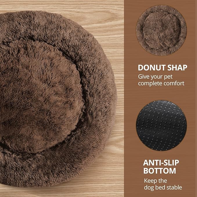 JOLLYVOGUE Calming Dog Bed Large Size Dog, Anti-Anxiety Donut Large Pet Bed, 36 inches Fluffy Faux Fur Round Cat Bed, Fits up to 75 lbs Pets (Coffee)