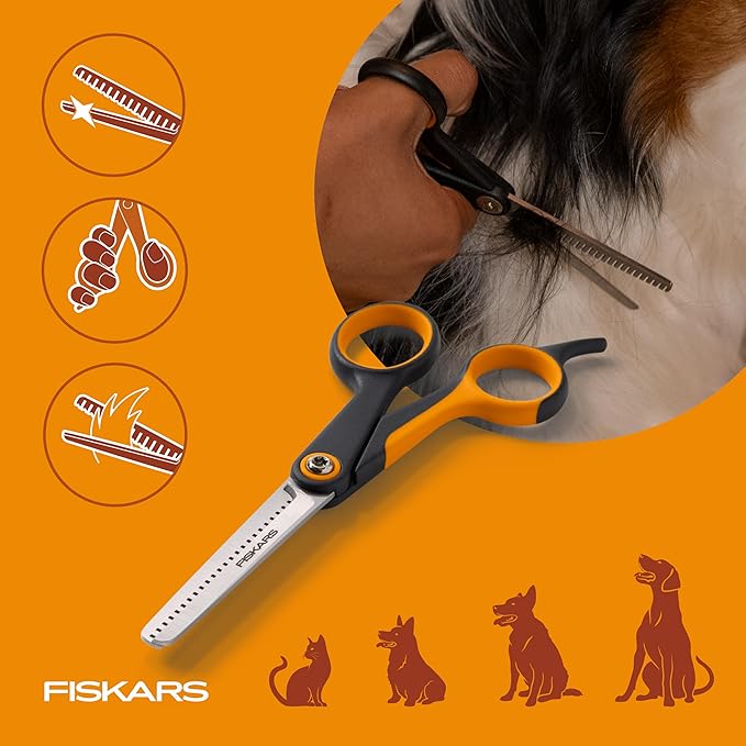 Fiskars Pet Blending Scissors, Dog and Cat Grooming Scissors, Serrated Teeth for Thinning & SoftGrip Handle, Cat and Dog Supplies, 6.5”, Orange/Black