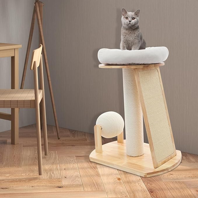 Wood Cat Tree Tower with Scratching Posts, Modern Natural Wood Cute Multifunctional Cat Tree Tower, Cat Scratcher & Resting Platform, Multifunctional Cat Tree for Indoor Cats (01 Style)