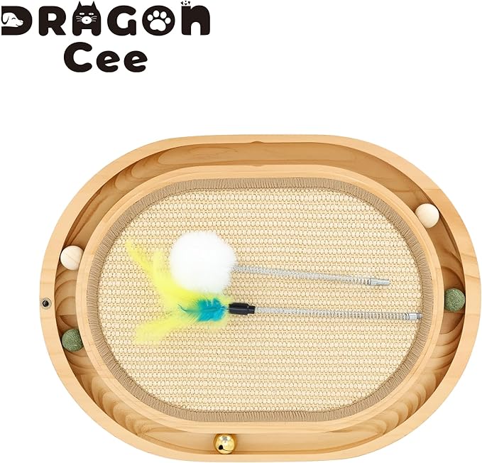 Sisal Cat Scratcher Toy,Cat Natural Sisal Scratching Pad,Wooden Interactive Toy for Indoor Cats with Cat Ball Track