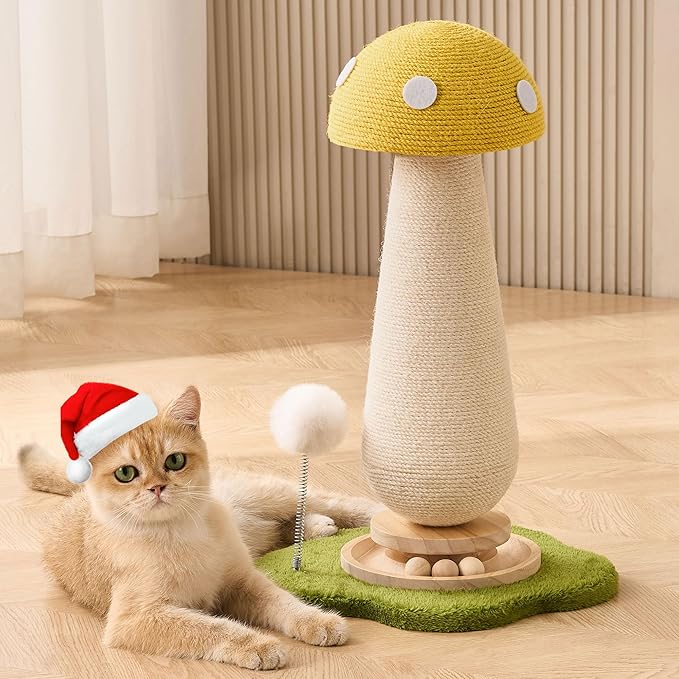 Mushroom Cat Scratching Post Cat Tree, 21.5‘’ H Cute Cat Scratcher Tower with Durable Solid Wood Turntable Toy, Lemon Yellow Mushroom Scratch Post Cat Sisal Scratcher with Catnip for Indoor Cats