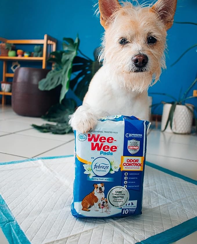Four Paws Wee-Wee Odor Control with Febreze Freshness Pee Pads for Dogs & Puppies, Leak-Proof Dog Housebreaking Potty Training Floor Protection, Spring Fresh Scent, 22" x 23", 10 Count