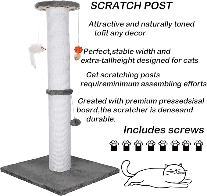 Cat Scratching Post 36.5 Inch Heavy Duty Cat Scratch Post for Large Cats, Handmade Rope Cat Post for Indoor Cats Adults, Stable & Durable(Grey)