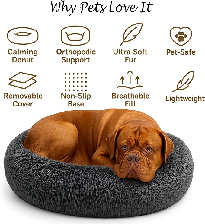 Calming Dog Bed - Fluffy Donut Cuddler for Anxiety Relief, Orthopedic Pet Bed with Non-Slip Bottom, Cozy Round Faux Fur Nest for Dogs and Cats, Plush Crate Mat for Comfort (Dark Grey, Large)