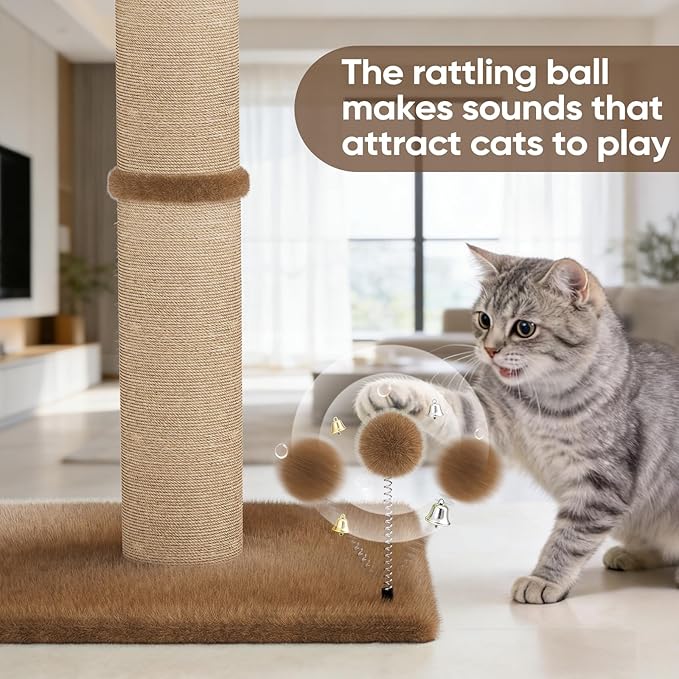 XiaZ Cat Scratching Post 34'' Tall, Cat Scratchers Tree Tower for Indoor Kitty with Extra Wide 15.8" Stable Base and 2 Toy Balls, Natural Sisal & Plush Fabric for Small, Medium Cats (Brown, 2.8in)