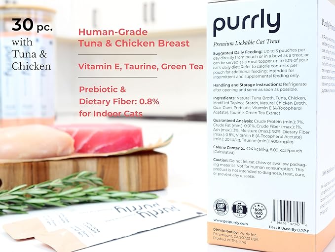 Purrly Cat Treat Topper Lickable Wet Squeezable Healthy Human-Grade Tuna & Chicken Breast with Prebiotic and Dietary Fiber for Indoor Cats (30 Count) Grain-Free Non-GMO No-Preservatives