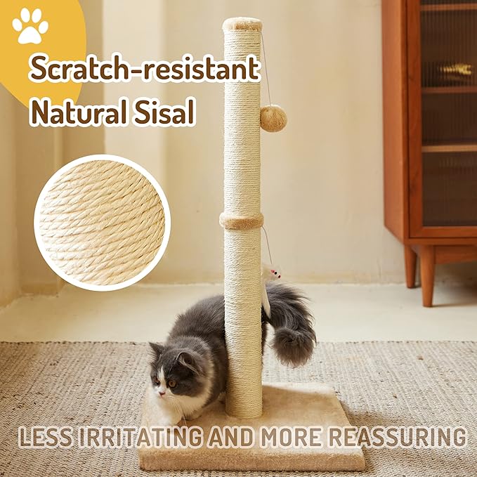 MeowHomm 32” Tall Cat Scratching Posts for Indoor Cats Adults with 2 Hanging Ball, Large Cat Scratch Post Cat Scratcher Includes Sisal Rope(Yellow)
