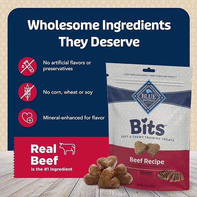 Blue Buffalo Bits Soft Dog Treats for Training, Made with Natural Ingredients & Enhanced with DHA, Beef Recipe, 19-oz Bag