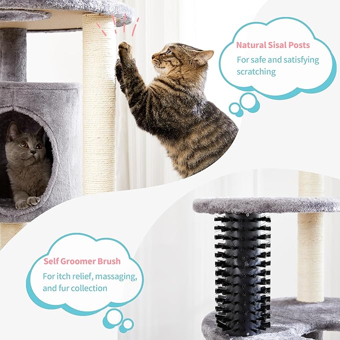 MADE 4 PETS Cat Tree for Indoor Cats, 60.2 inch Tall, 5-Level, Modern, Grey, Sisal Scratch Posts, Cat Condo with Hammock, Cat Tower for Large Breeds