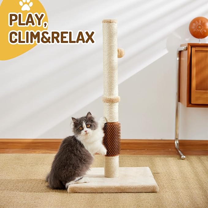 MeowHomm 32" Cat Scratching Post with Self Groomer Cat Brush, Sisal Rope Tall Cat Scratching Post with Soft Hanging Ball for Indoor Cats, Cat Claw Scratcher Covered with Soft Smooth Plush