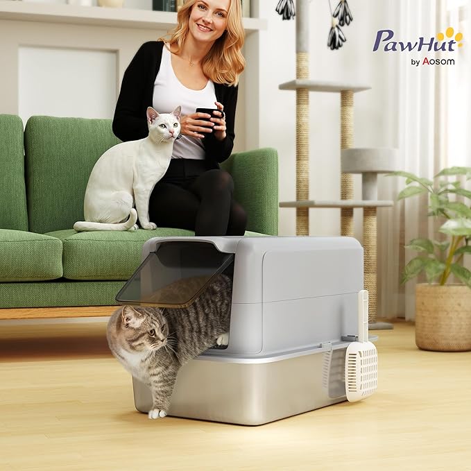 PawHut Stainless Steel Cat Litter Box, Extra Large 2 in 1 Metal Kitty Litter Pan with High Enclosure, Removable Lid & Scoop, Filter Bags, Easy to Clean, for Small to Large Kittens, Gray