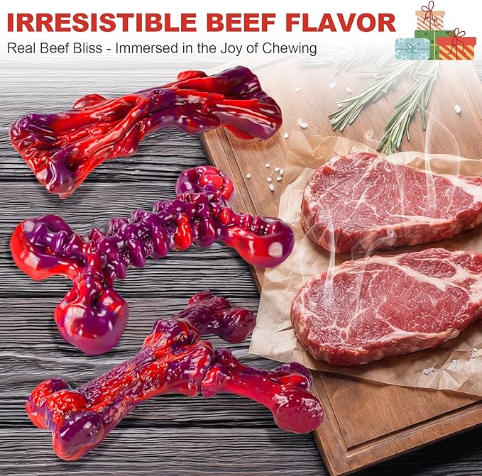 Indestructible Dog Toys for Aggressive Chewers 3-Pack: Tough Nylon Chew Toys for Medium & Large Dogs 25–80 lbs, Beef Flavor, Heavy-Duty Dog Chew Bone, Holiday Dog Gift (Red)