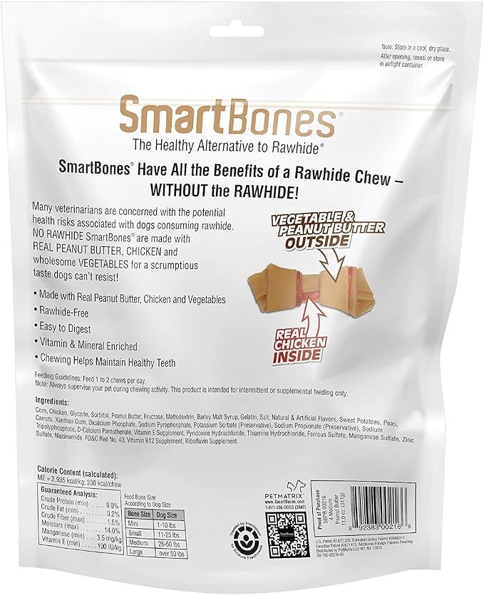 SmartBones Medium Chews With Real Peanut Butter Rawhide- Free Chews For Dogs, 4 Count