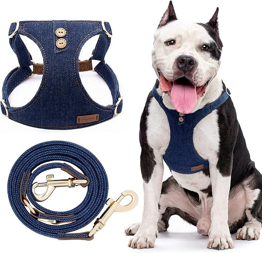 No Pull Dog Harness with Multifunction Dog Leash,Soft Adjustable No Choke Escape Proof Pet Harness Vest for Medium Dogs or Large Dogs,Denim Blue,L