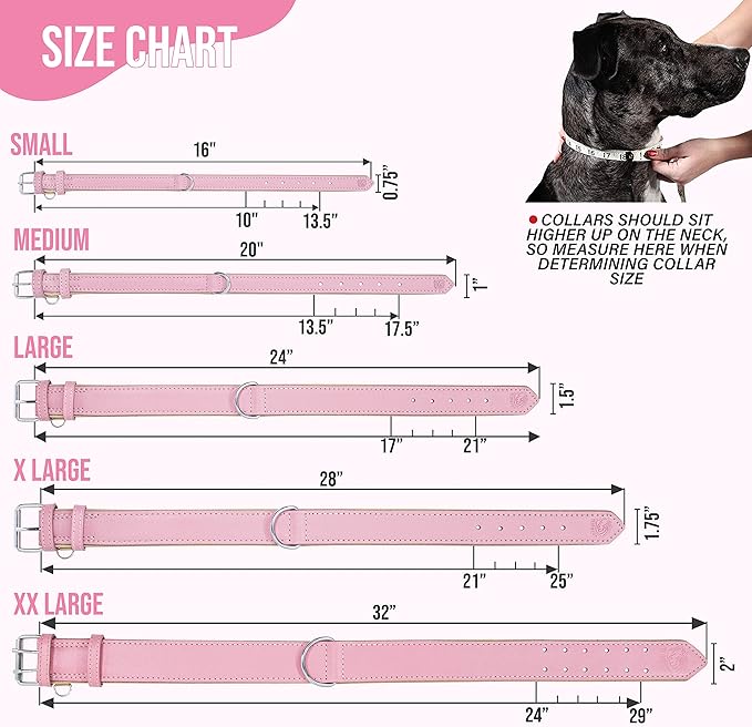 Riparo Genuine Leather Pink Dog Collar Heavy Duty K-9 Adjustable Dog Collar (L: 1.5" Wide for 17"-21" Neck, Pink)
