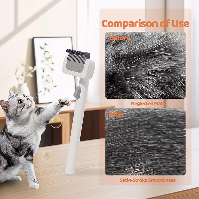 Furgo Cat Brush for Long Haired Cats, Pet Grooming Brush for Matted Fur & Loose Hair, One-Click Hair Removal, Skin-Friendly, Deshedding & Dematting Comb for Cats & Small Dogs