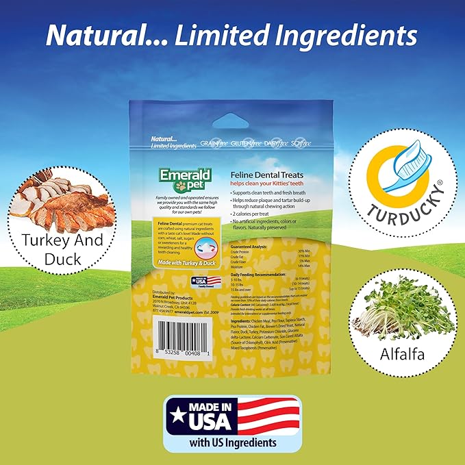 Feline Dental Treats — Tasty and Crunchy Cat Dental Treats Grain Free — Natural Dental Treats to Clean Cat Teeth, Freshen Cat Breath, and Reduce Plaque and Tartar Buildup — Turducky Treats, 3 oz
