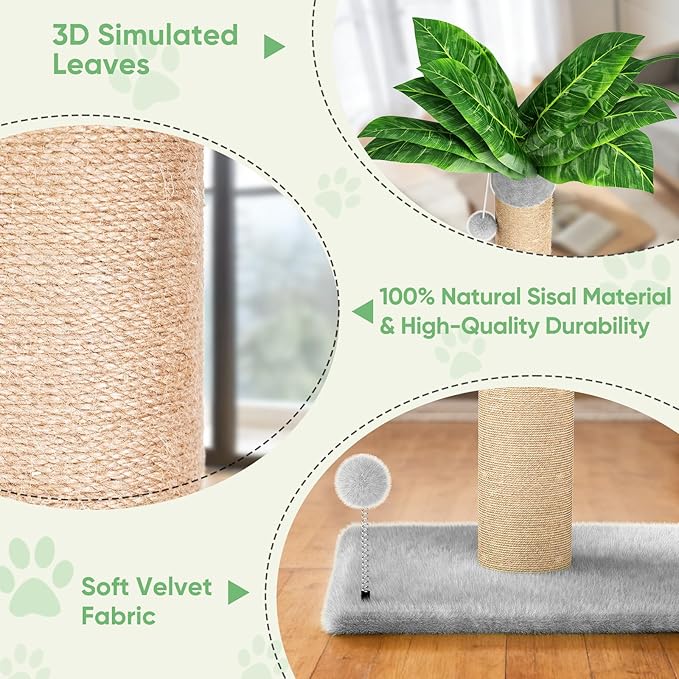 XiaZ Cat Scratching Post 34'' Tall, Heavy Duty Cat Tree Tower for Indoor Kitty with Extra Wide 15.8" Stable Base and 2 Toy Balls, Natural Sisal & Plush Fabric for Small, Medium Cats(Light Gray, 2.8in)