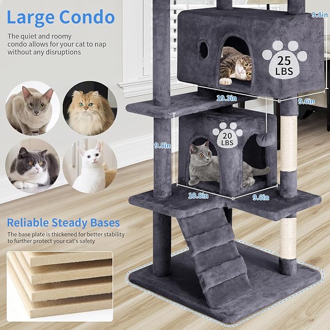 PayLessHere Cat Tree 54in Cat Tower with Cat Scratching Post,Multi-Level Cat Condo Stand House Furniture Kitty Activity Center with Furry Ball Toys Cat Tree for Indoor Cats (54in, Ashy)