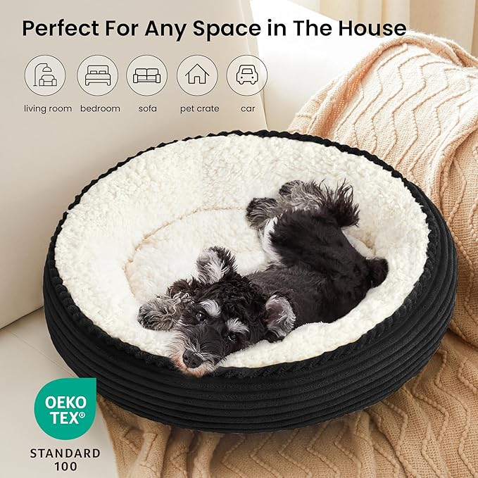 Love's cabin Round Donut Cat and Dog Cushion Bed, 25in Pet Bed for Small or Medium Dogs, Anti-Slip & Water-Resistant Bottom, Soft Durable Fabric Pet Beds, Washable Calming Cat Bed Black Stripe