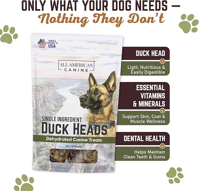 10 Natural Duck Head Dog Treats – Single Ingredient, Dehydrated & Digestible – Low-Fat, High-Protein Chew for Training & Dental Health – Made in USA