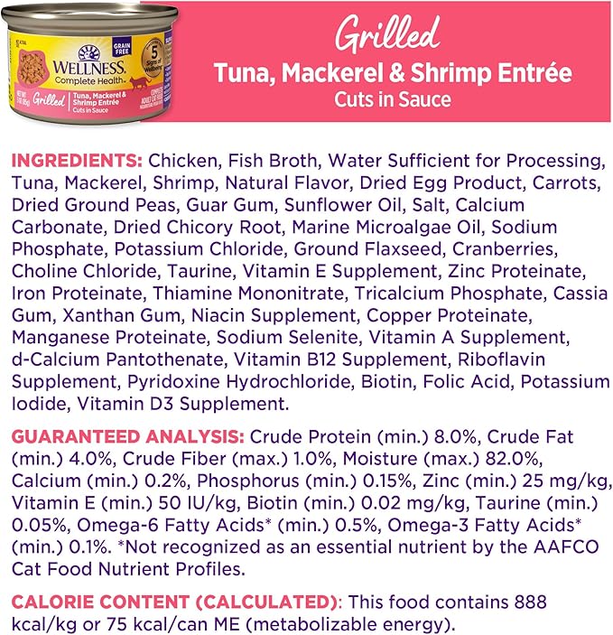 Wellness Complete Health Grilled, Adult Wet Cat Food, Natural, Protein-Rich, Grain-Free, Canned, 3 Ounce, 12 Pack, (Tuna, Mackerel & Shrimp Entrée Recipe)