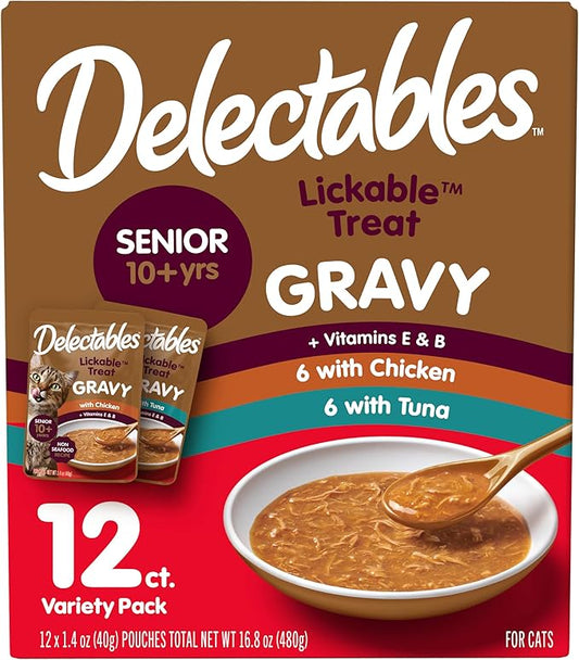 New! Delectables Lickable Treat Gravy Senior 10+ Variety Wet Cat Treat & Food Topper, Food Topper, Hydrating, Grain-Free, No Fillers, No by-Products, No Added Preservatives, 1.4-oz Pouch, 12 Count