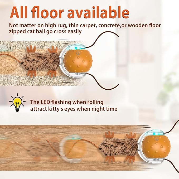 Cat Toys Interactive Self Rolling Cat Balls with Mouse Tails Automatic Moving Fast on Carpet, Rechargeable & Motion Activated