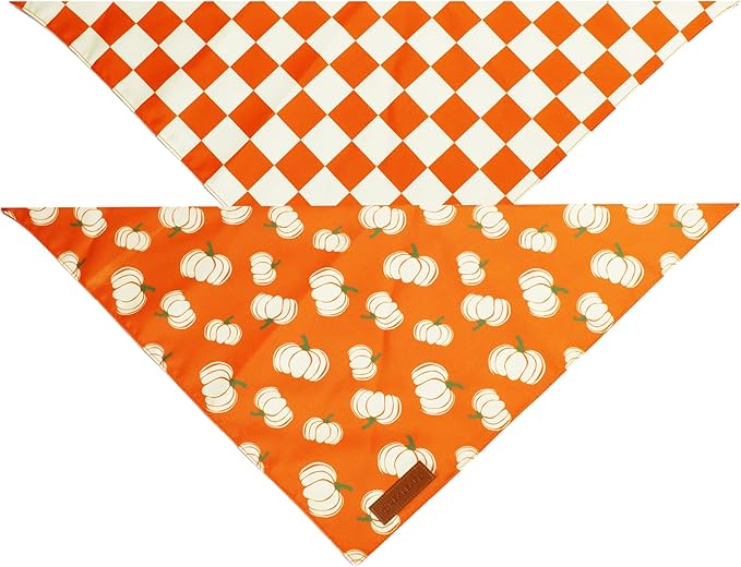 Realeaf Thanksgiving Fall Dog Bandanas 2 Pack, Orange Plaid Pumpkin Pet Scarf for Boy and Girl, Premium Durable Fabric, Holiday Halloween Bandana for Medium and Large Dogs(Fall, Large)