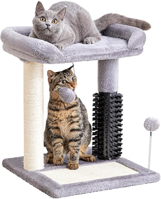Made4Pets Small Cat Tree Tower, Cat Scratching Post 4-in-1 with Self Groomer Brush, 20" Tall Natural Sisal Cat Scratcher, Plush Perch Bed with Dangling Ball for Indoor Kittens, Grey