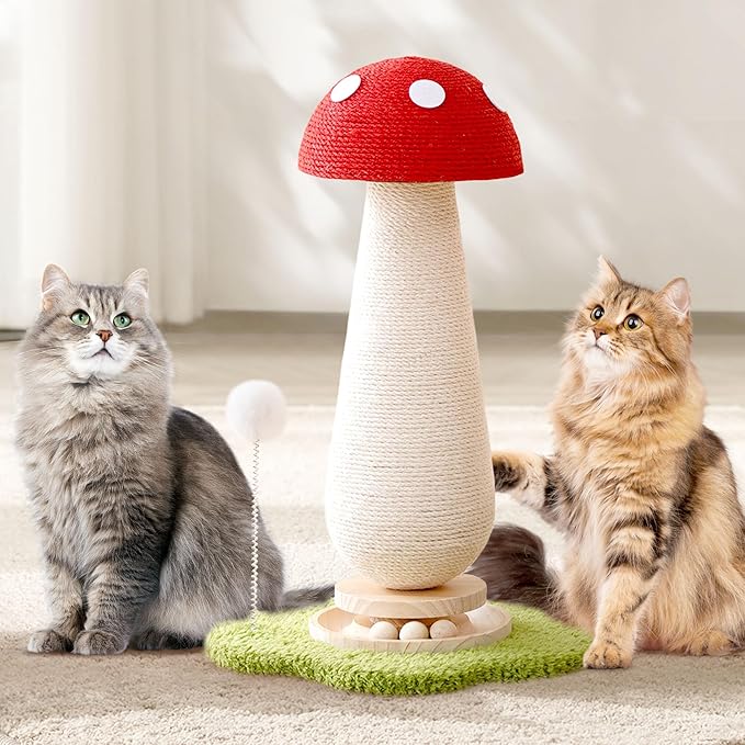 Mushroom Cat Scratching Post Cat Tree, 21.5‘’ H Cute Cat Scratcher Tower with Durable Solid Wood Turntable Toy, Mushroom Scratch Post Cat Sisal Scratcher with Catnip for Indoor Adult Cats
