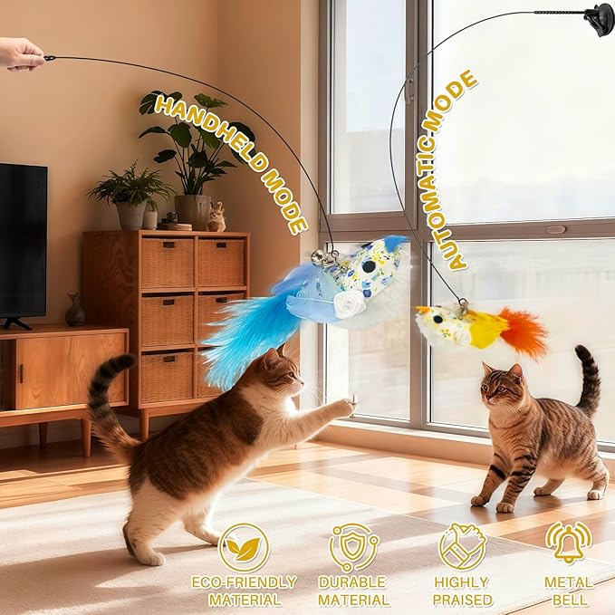 Walfront Interactive Cat Toy, Cat Teaser Wand with Double-Head Suction Base and 2 Realistic Bird Attachments for Indoor Self-Play and Exercise for Kittens and Adult Cats, Keeping Cats Playful & Happy