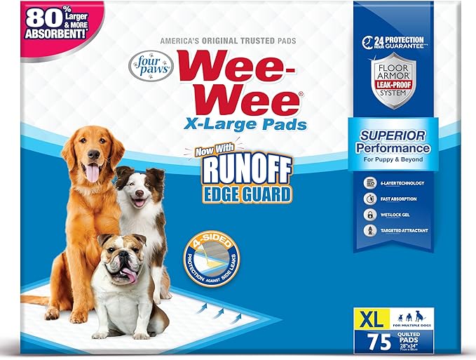 Four Paws Wee-Wee Superior Performance Pee Pads for Dogs with Runoff Barrier Edge Guard Protection, Puppy & Dog Potty Training Pads, Housebreaking Supplies, 28" x 34" (75 Count)