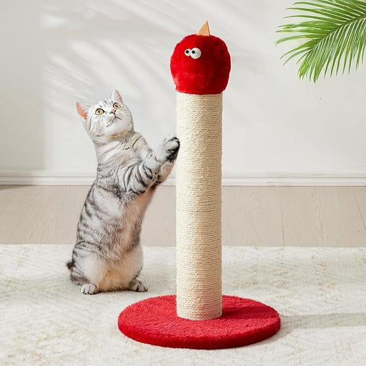Indoor Cat Scratching Post: 22 in Tall Cat Scratcher with Natural Sisal Rope, Cute Monster Design Kitty Pet Tower with Sturdy Wood Base, Great Gift for Small and Large Kittens, Red