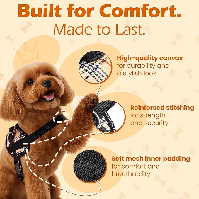 Bark Appeal Tan Plaid No-Pull Dog Harness for Large to Extra Large Sized Pets – Adjustable, Reflective Vest with 3 Leash Clips for Added Control, Easy Walks & Training – XL