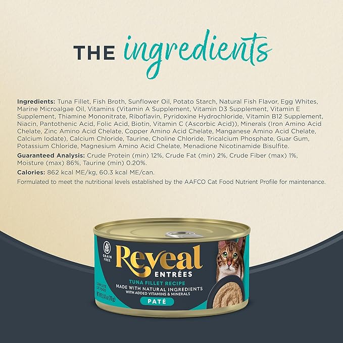 Reveal Entrées Natural Wet Cat Food Paté, Grain-Free with Added Vitamins & Minerals, Carrageenan-Free and High Protein, Tuna Fillet Paté Recipe (24 x 2.47 oz Cans)