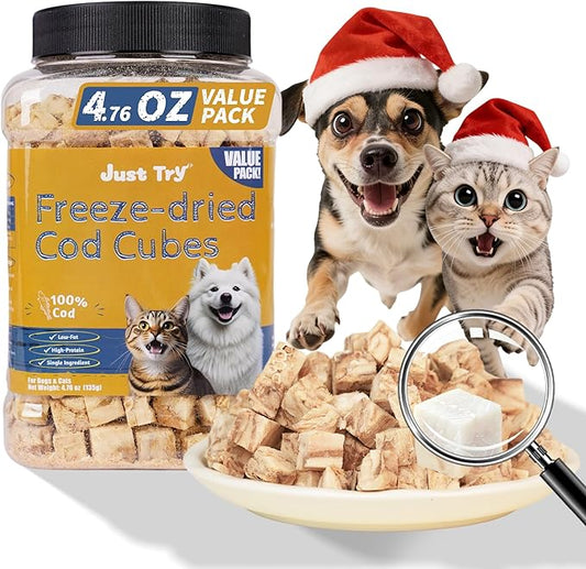 Just Try 4.76 oz Freeze-Dried Cod Treats Dog & Cat Treats - Single Ingredient, Grain-Free Snacks Omega-3 Supports Skin & Coat Health