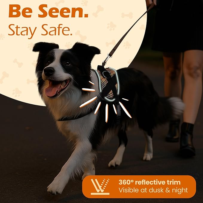 Bark Appeal Tan Plaid No-Pull Dog Harness for Extra Small to Small Sized Pets – Adjustable, Reflective Vest with 3 Leash Clips for Added Control, Easy Walks & Training – Small