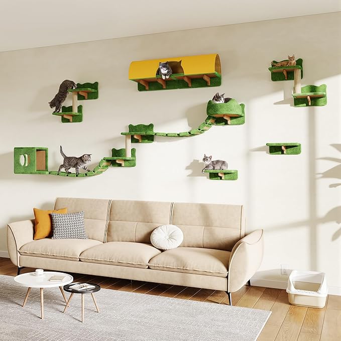 16-in-1 Cat Wall Shelves, Wall Mounted Cats Furniture Set w/Plush Fabric, Cat Climbing Systems, Cats Shelf with 40''L Tunnel, Condos, House, Steps, Bridge Ladder & Scratching Post, Green