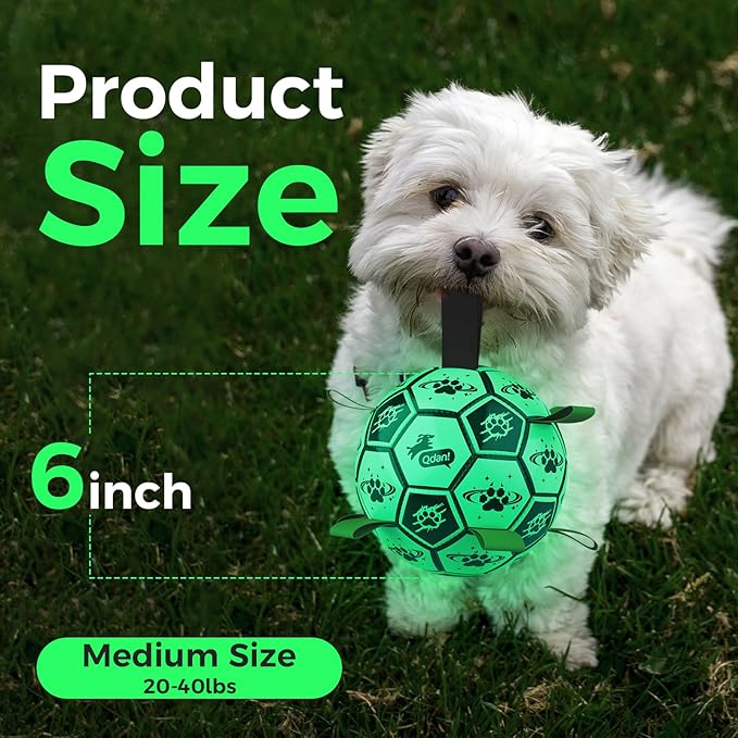 QDAN Premium Dog Ball, Glow in The Dark Dog Toys, Light Up Soccer Ball for Dogs, Outdoor Dog Toys, Doggy Water Toy, Puppy Birthday Gifts for Small Medium (6 Inch)