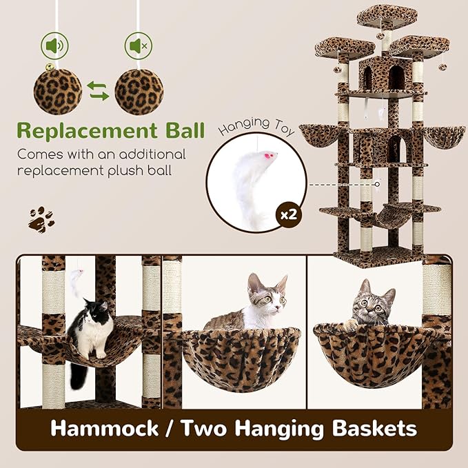 Globlazer Big Cat Tower for Indoor Cats, 80inch Cat Tower for Multiple Adult Cats XXL Cat Tree with Scratching Post, Hammock, 3 Perches, 2 Condos, 2 Hanging Basket, F80, Leopard Print