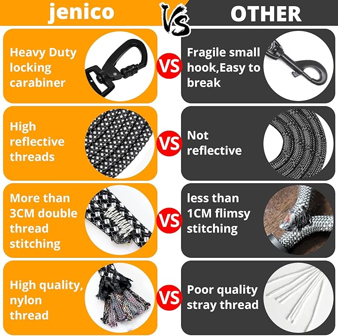 jenico Rope Dog Leash 8FT: Heavy Duty Leashes with Swivel Lockable Hook Reflective Threads Bungee and Padded Handle - Dog Lead for Large Small Medium Dogs Outside Walking Hiking