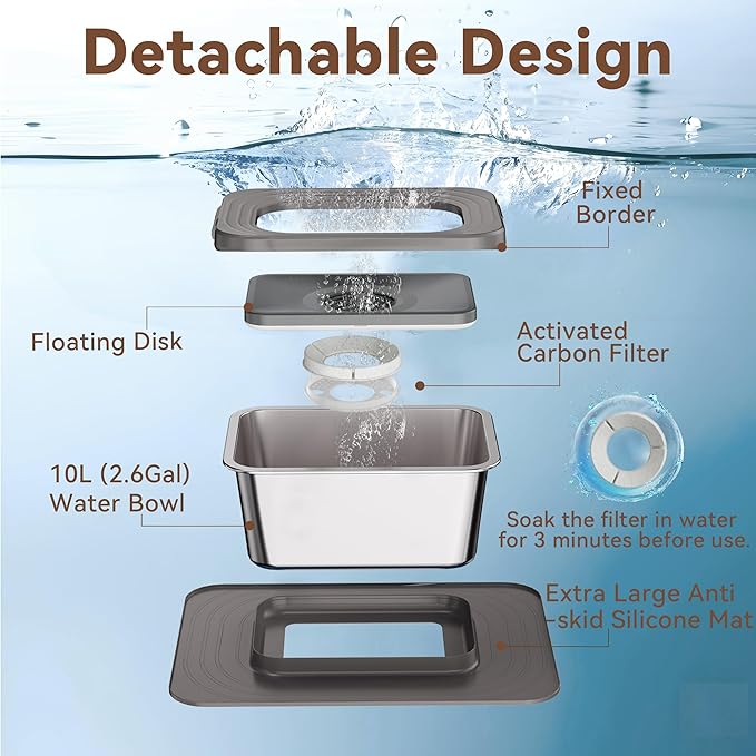 10L No Spill Dog Water Bowl, 2.6 Gal Stainless Steel No Splash Large Dog Water Bowl with Non-Slip Silicone Mat, Spill Proof Slow Drinking Pet Bowls for Messy Drinkers Indoor/Outdoor Use Gray