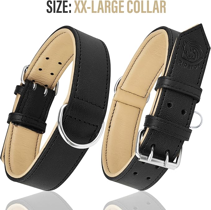 Riparo Genuine Leather Padded Dog Heavy Duty K-9 Adjustable Collar (XXL: 2” Wide for 24”-29” Neck, Black)