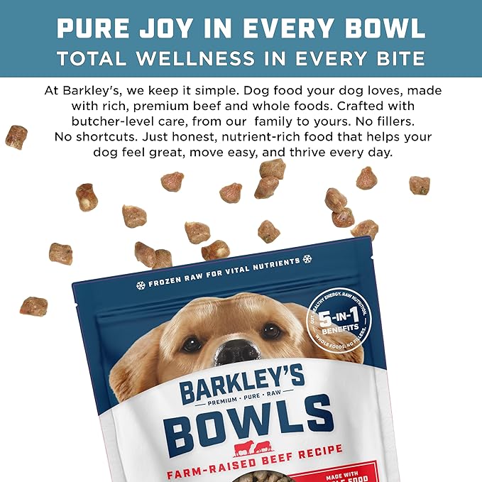 Barkley’s Bowls, Frozen Raw Beef Dog Food, Fresh Whole Food Ingredients with Farm-Raised Beef, Grain Free, High Protein for Balanced Nutrition, Frozen Meals Made with Human Grade Ingredients, 4 lb Bag